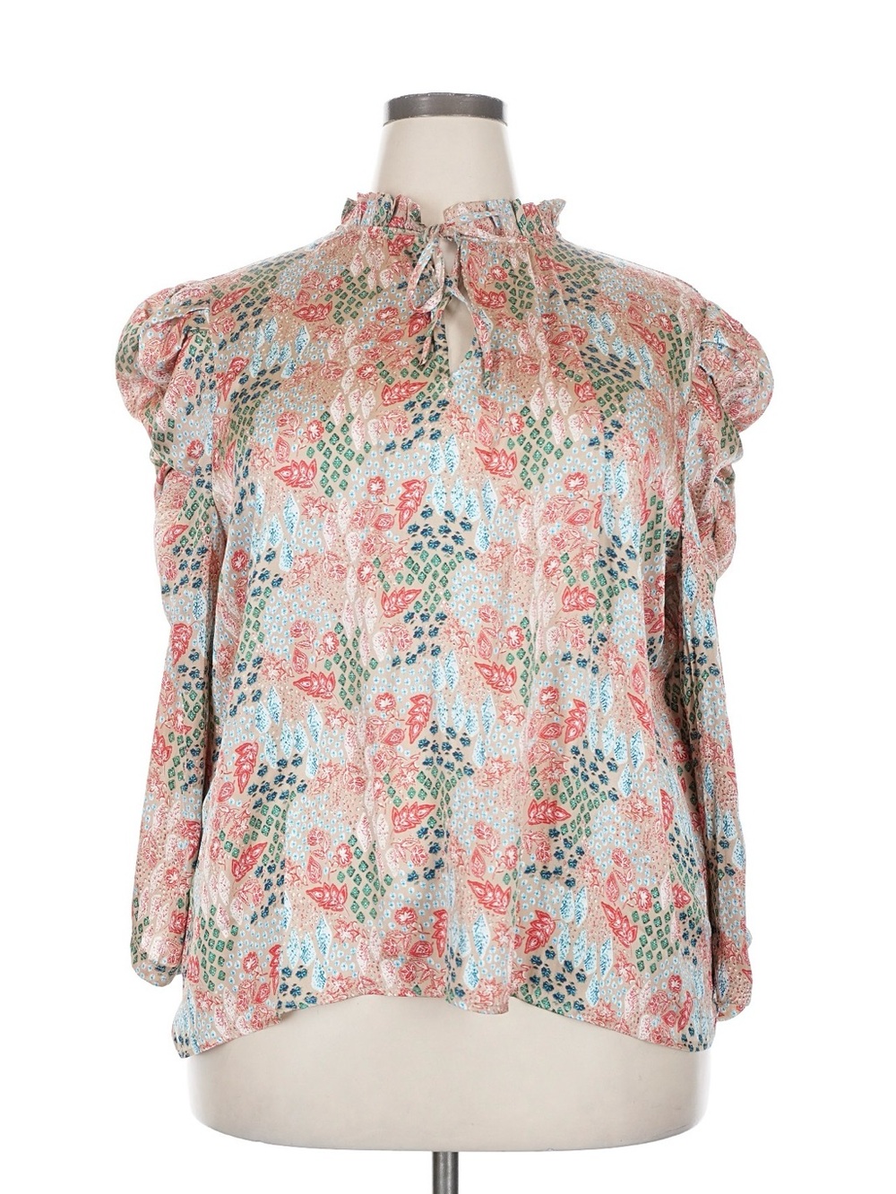 LOFT Floral Ruffle Tie-Neck Blouse - Pink Multi